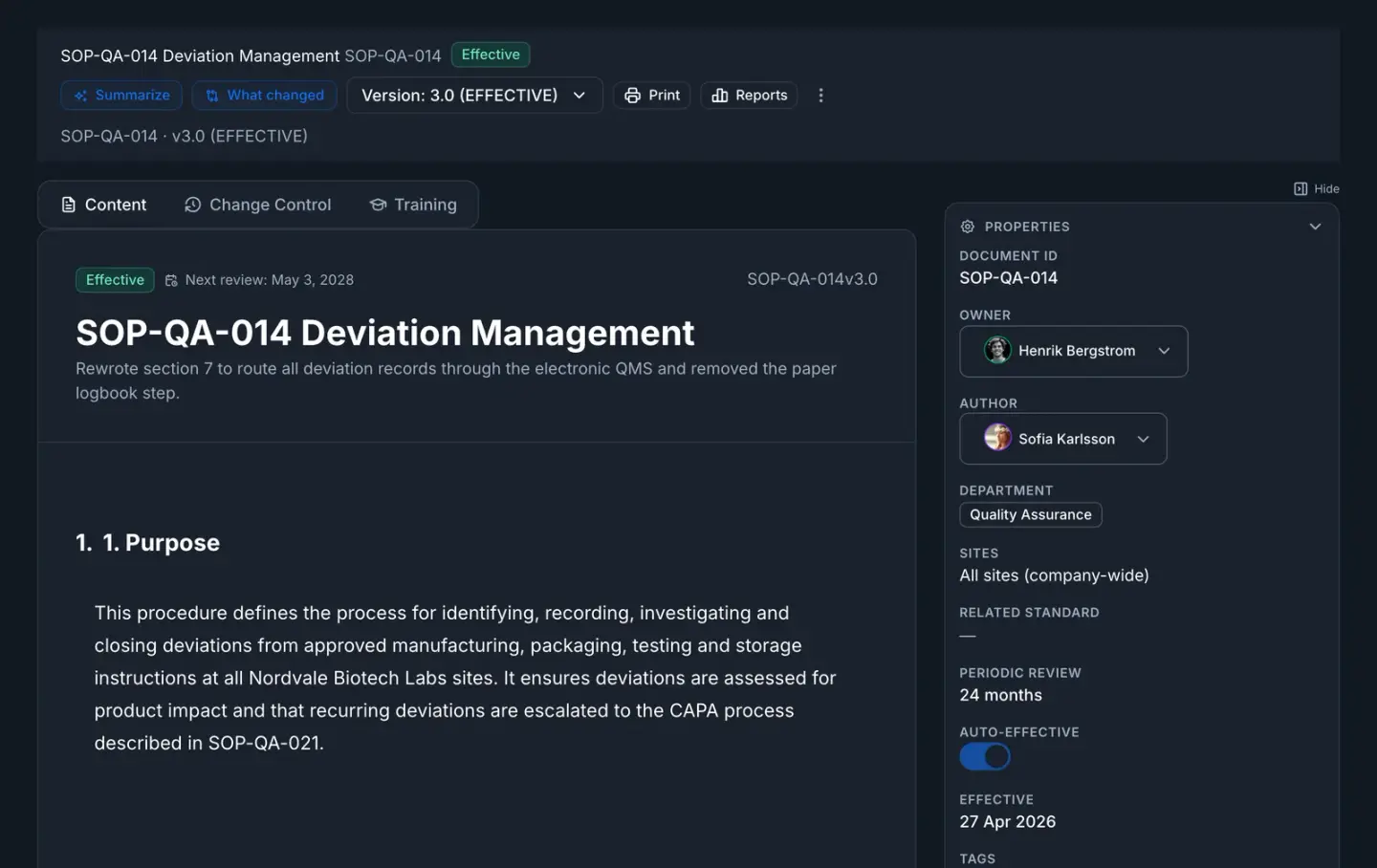 SOP-QA-014 Deviation Management at version 3.0, marked Effective, with its version selector, periodic review interval and effective date.