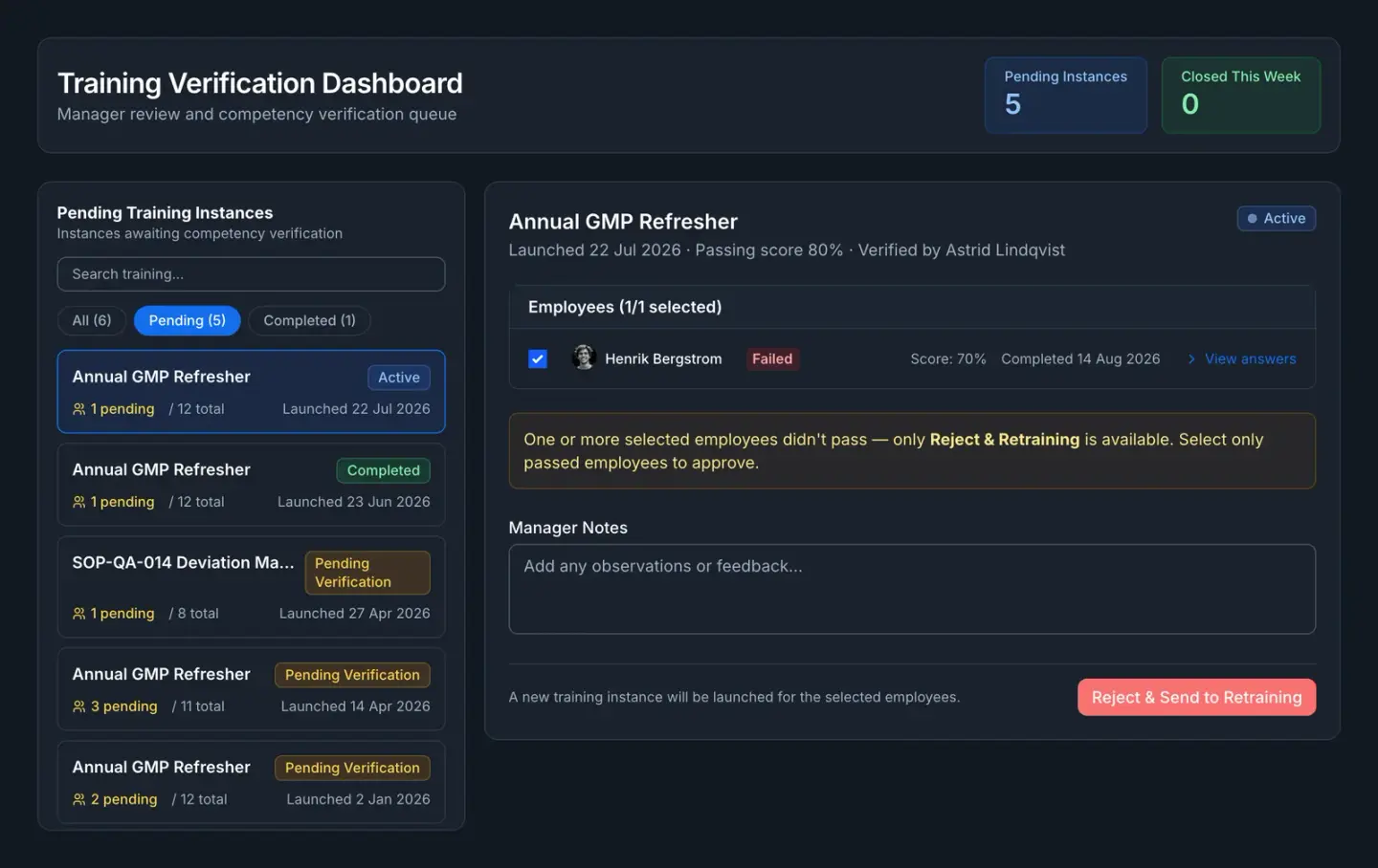 The training verification queue: an employee scored 70% against an 80% passing score, so the manager can only reject and send them to retraining.