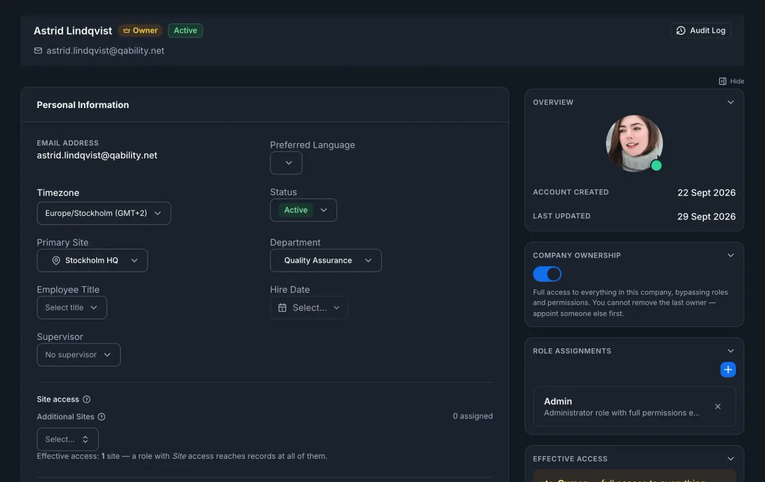 Multi-Site & Departments: a user's record with a primary site, a department, and a separate additional-sites control whose effective-access line explains that site-scoped roles reach every assigned site.
