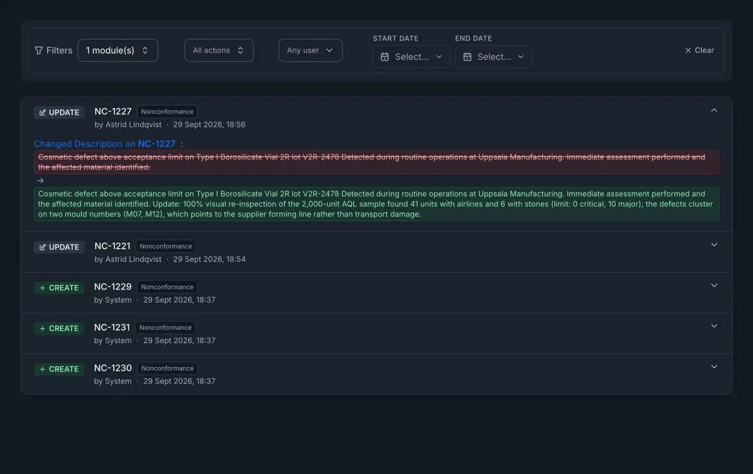 The audit trail as an auditor would see it: entries stamped with user, action and time, one expanded to show the before-and-after change to a nonconformance.