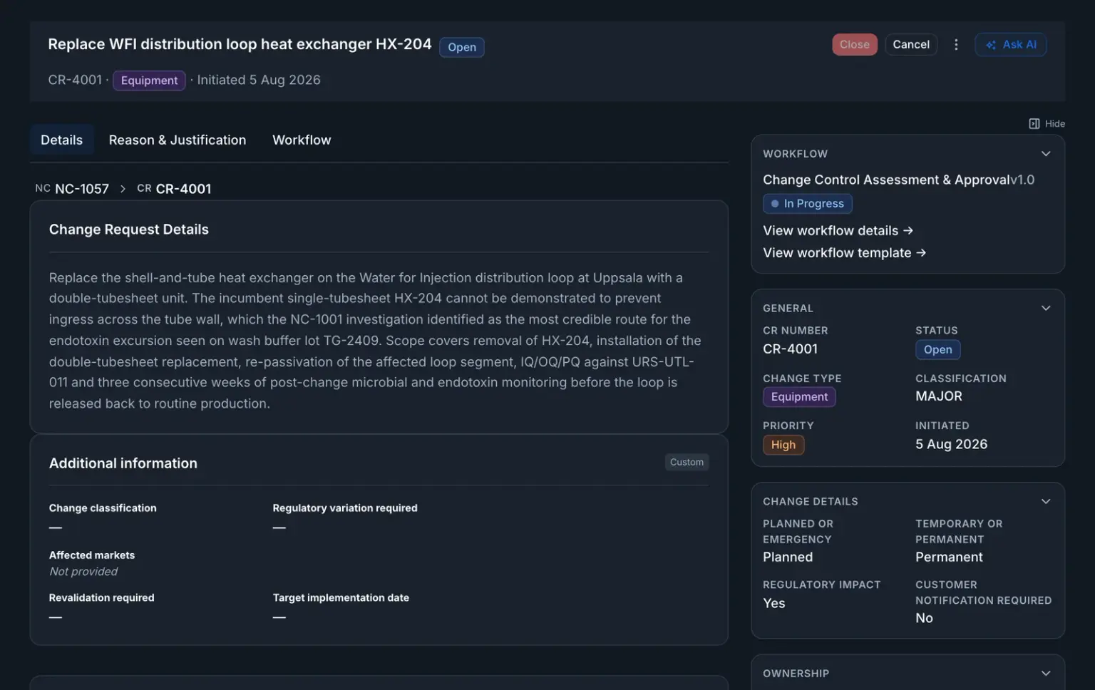 Change request CR-4001 in QAbility: open, classified major, with the breadcrumb showing it was raised from nonconformance NC-1057, its description, and its approval workflow in progress.