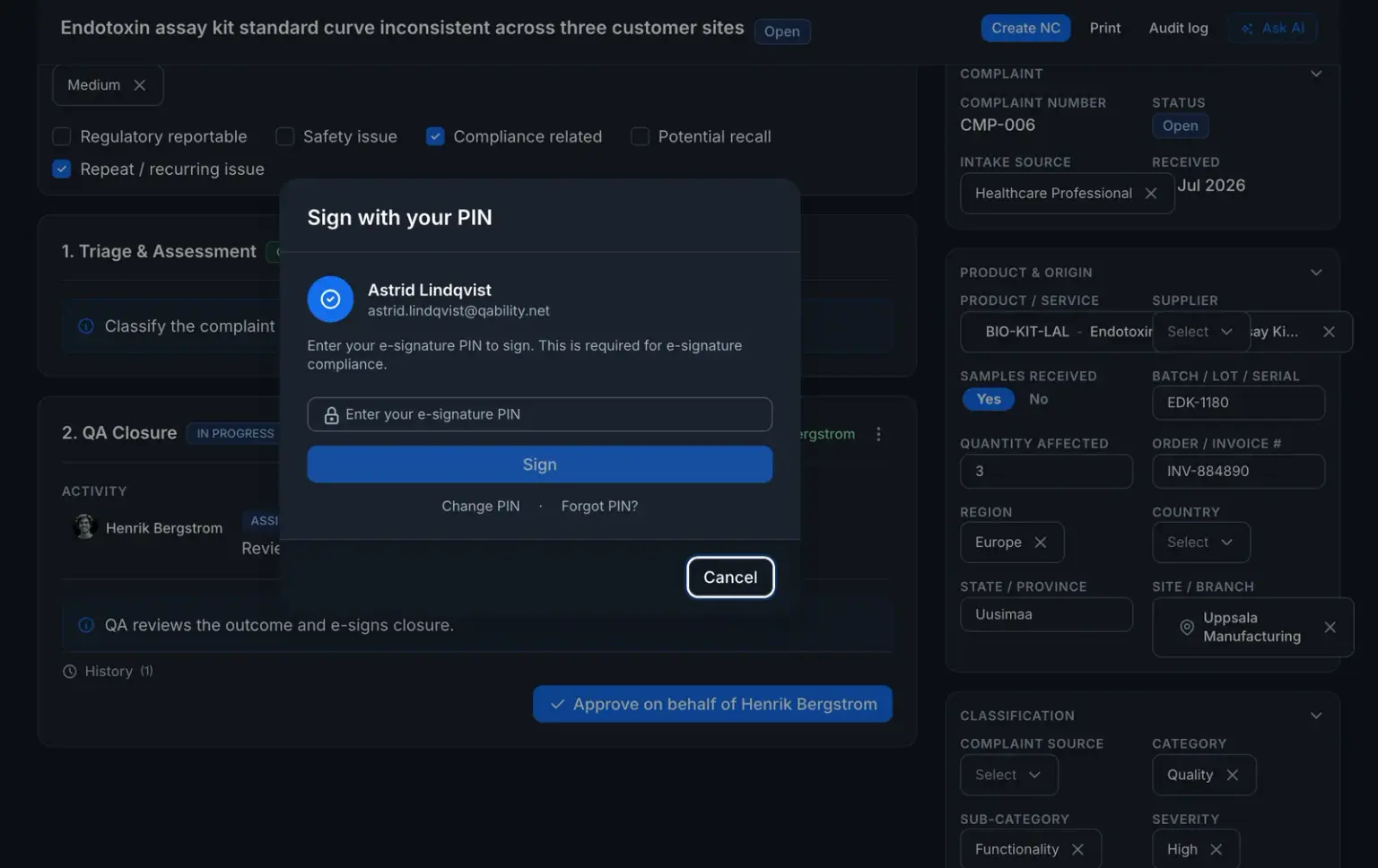 An open quality complaint with its QA assessment flags, with compliance related and repeat issue ticked, and the e-signature PIN prompt raised on its QA Closure approval step.