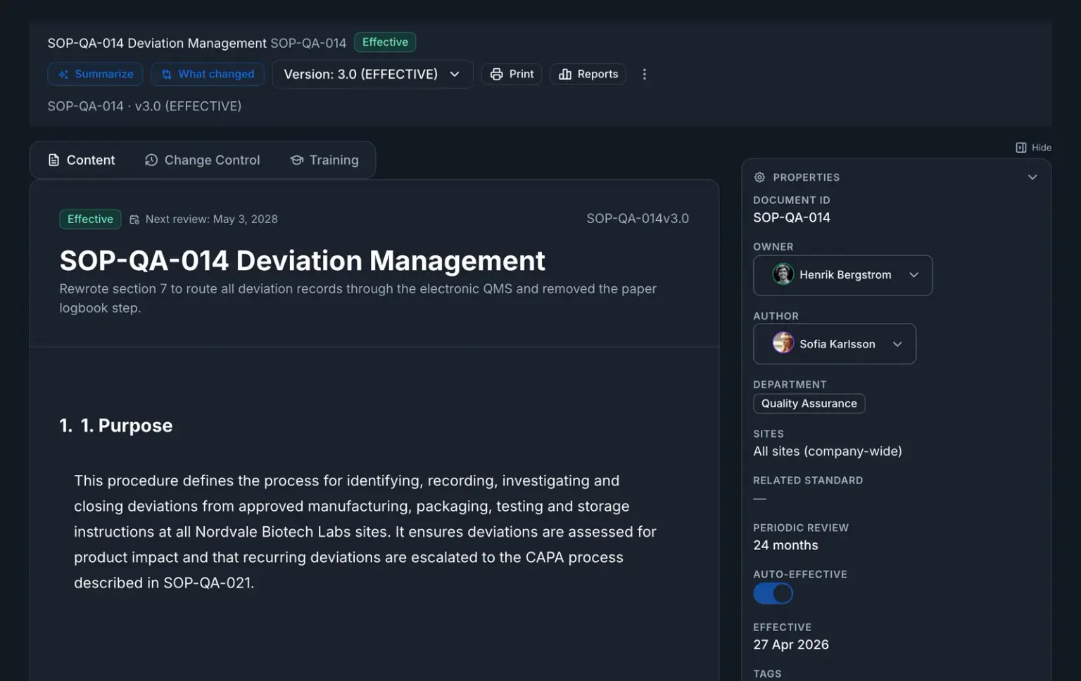 SOP-QA-014 Deviation Management at version 3.0, marked Effective, with its version selector, periodic review interval and effective date.