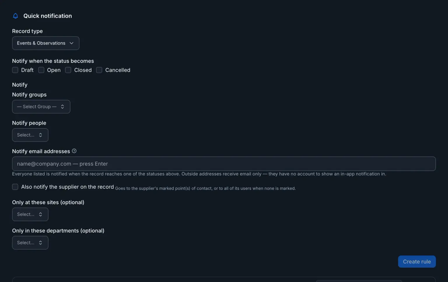 An automation rule being set up: the record type, the statuses that trigger it, the groups, people and email addresses to notify, and optional site and department scope.