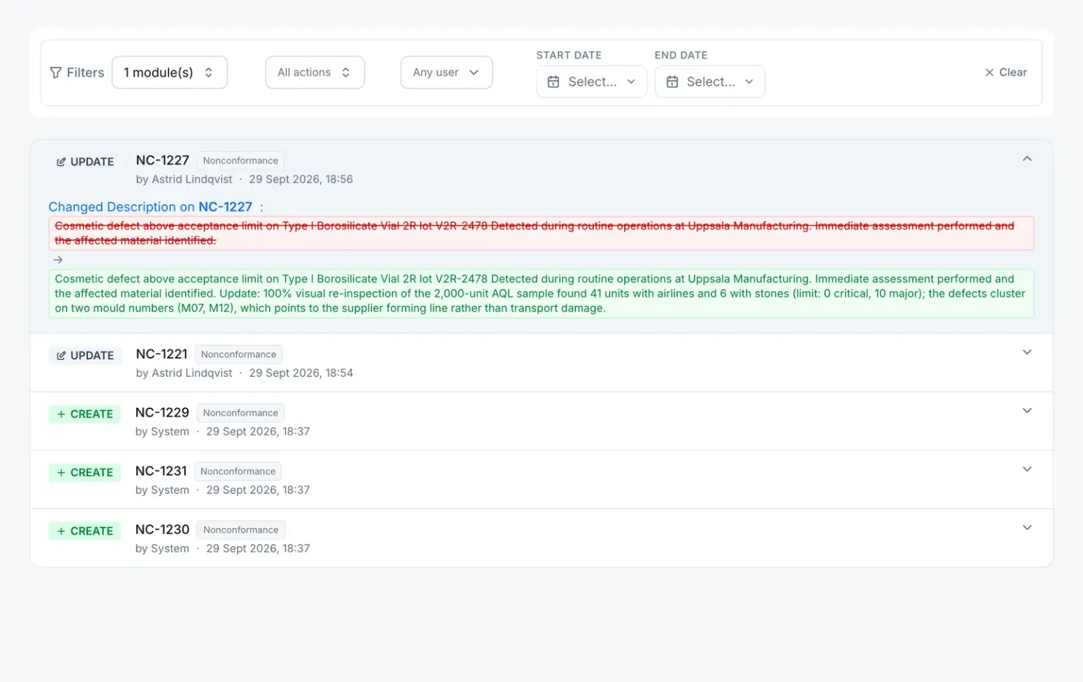 The audit trail as an auditor would see it: entries stamped with user, action and time, one expanded to show the before-and-after change to a nonconformance.