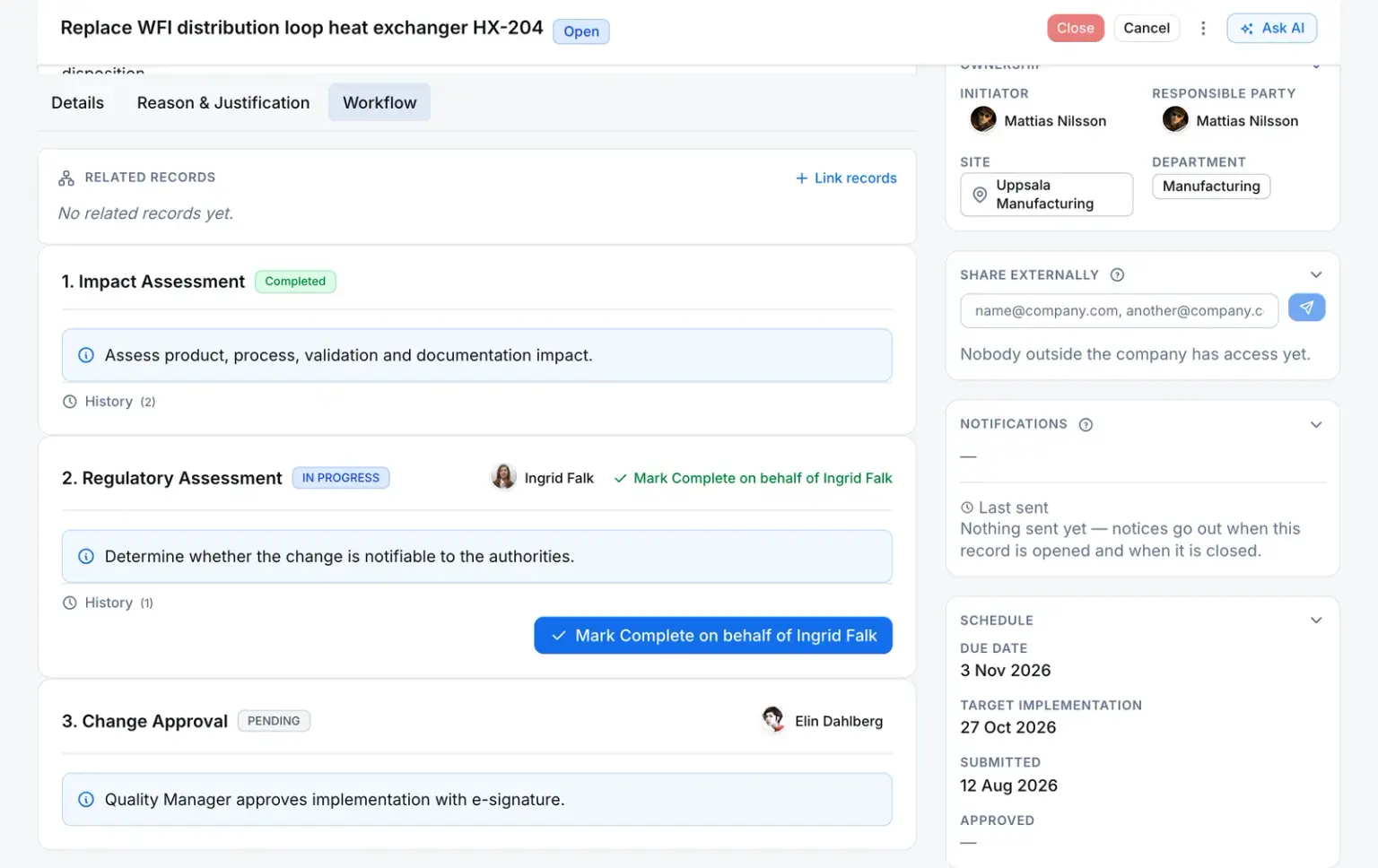 The approval steps on an open change request: impact assessment completed, regulatory assessment in progress with its assignee, and the e-signed change approval still pending.