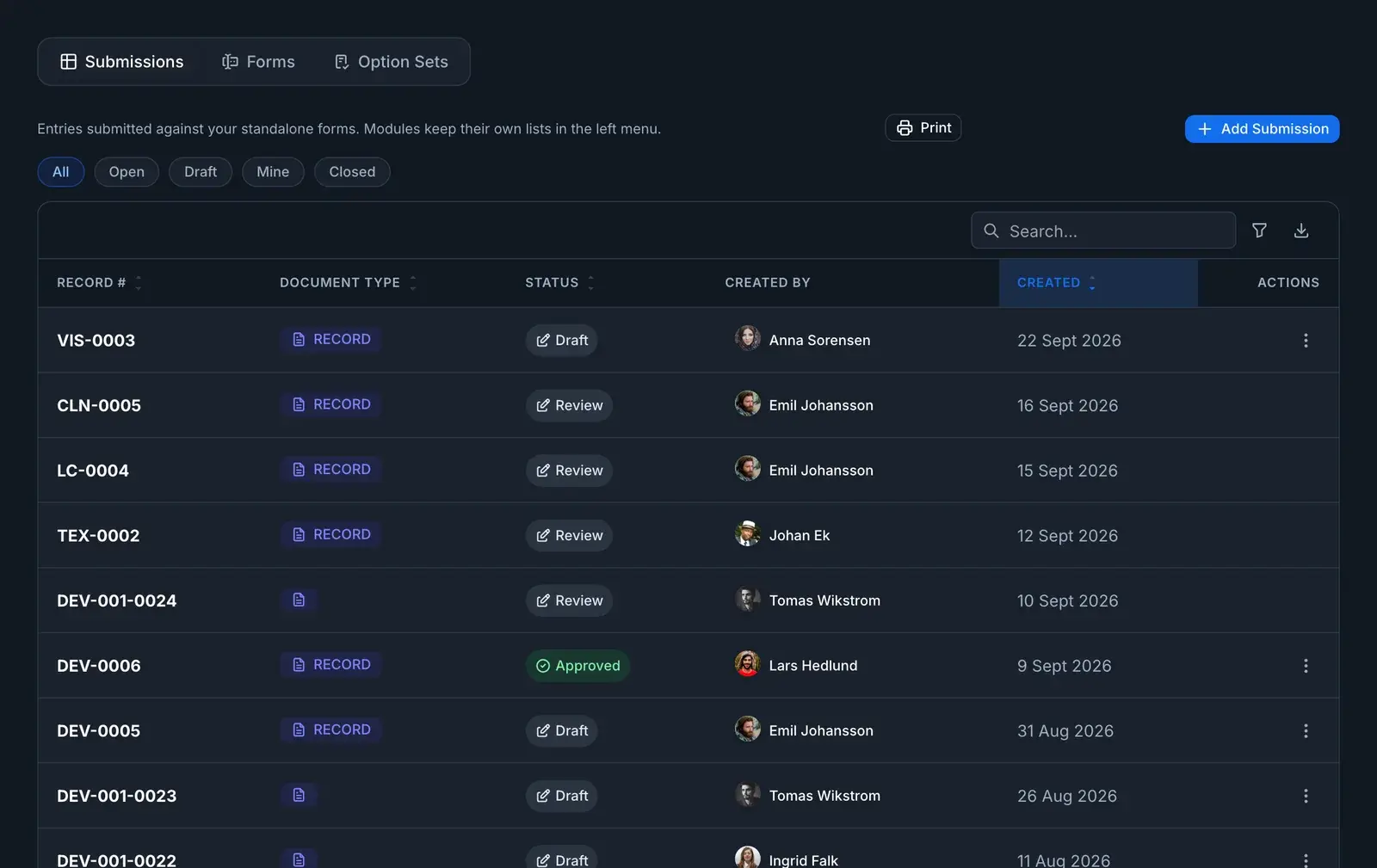 Records captured on forms built in the app builder, each with its own numbering sequence and a draft, review or approved status, with the custom modules listed in the main navigation.