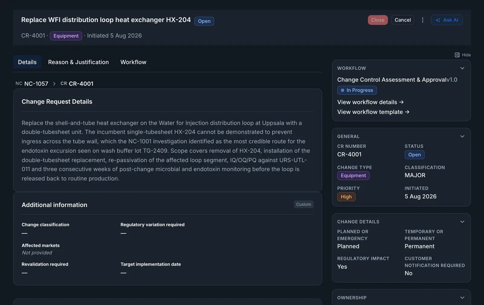 Change request CR-4001, open and classified major, with the breadcrumb showing it was raised from nonconformance NC-1057, its change request details, and its change details: planned, permanent, with regulatory impact and no customer notification.