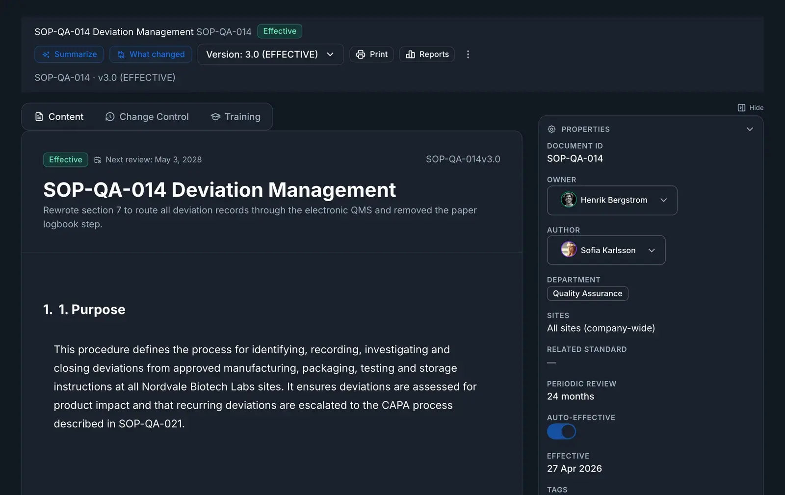 A controlled SOP open in QAbility at effective version 3.0, with its next review date, its Content, Change Control and Training tabs, and the document's properties beside it.