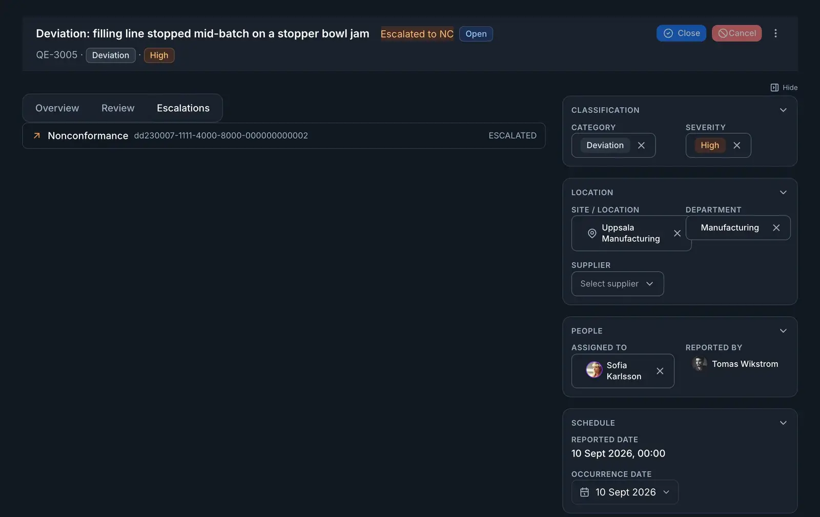 A deviation quality event whose status is still Open, with an Escalated to NC marker beside the status and its Escalations tab listing the nonconformance it raised.
