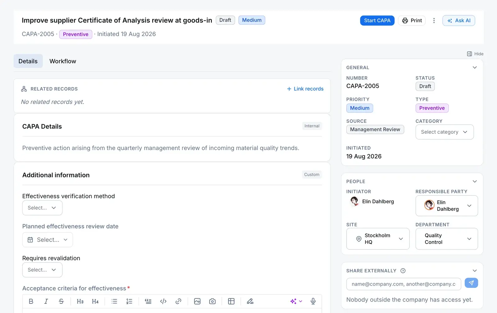 A CAPA record in QAbility at Draft, showing its priority, type and source, its initiator, responsible party, site and department, and the fields for its effectiveness verification method and planned review date.