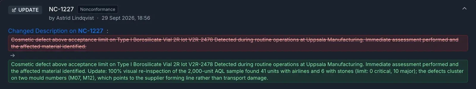 An audit trail entry for NC-1227: who changed the description and when, with the previous text struck through in red and the new text in green.