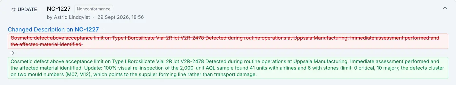 An audit trail entry for NC-1227: who changed the description and when, with the previous text struck through in red and the new text in green.
