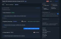 Change Control: an open change request with its approval chain, with one step completed, one in progress and the signed approval pending.