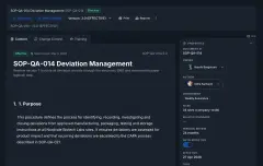 Document Control: a controlled SOP open at effective version 3.0, with its next review date, its Content, Change Control and Training tabs, and its properties — owner, author, department, sites and periodic review.