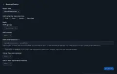 Automation Rules: a quick-notification rule being set up — record type, the statuses that trigger it, who to notify, and optional site and department scope.