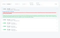 Audit Trail: the audit log with filters for module, action, user and date, one nonconformance entry expanded to its before-and-after description, and further entries stamped with actor and time.