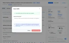 CAPA: the Close CAPA dialog on an open record, confirming that all workflow steps and sub-tasks are complete, asking for closure comments and stating that closing requires an electronic signature.