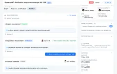 Change Control: an open change request with its approval chain, with one step completed, one in progress and the signed approval pending.