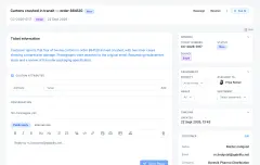 Complaint Management: a new customer ticket received by email, with its conversation panel, reply composer, assignment and customer details.