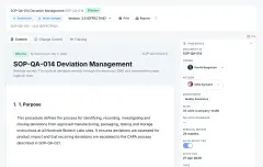Document Control: a controlled SOP open at effective version 3.0, with its next review date, its Content, Change Control and Training tabs, and its properties — owner, author, department, sites and periodic review.