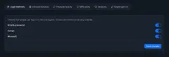 Security settings: the sign-in methods a tenant allows, with tabs for allowed domains, password policy, MFA policy, sessions and single sign-on.